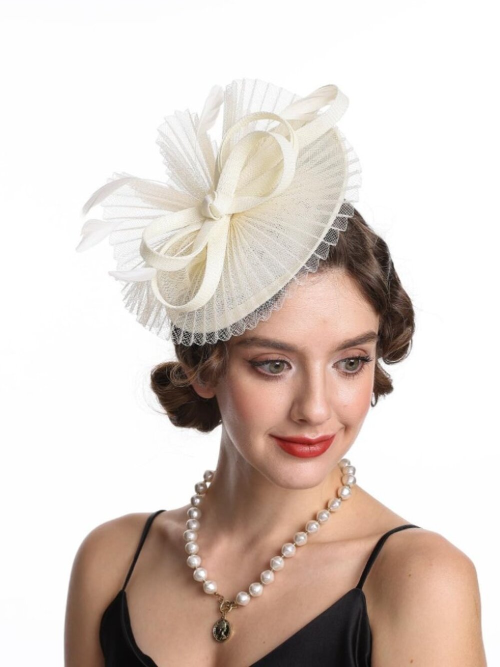 Women Fascinator Hair Clip Feather Flower Wedding Party Hat Cream White